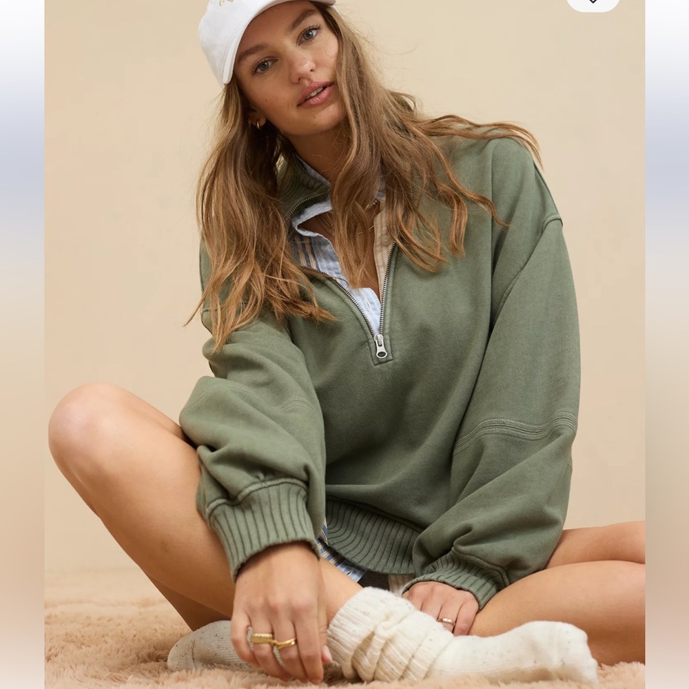 aerie Olive Green Quarter-Zip V-Neck Sweater